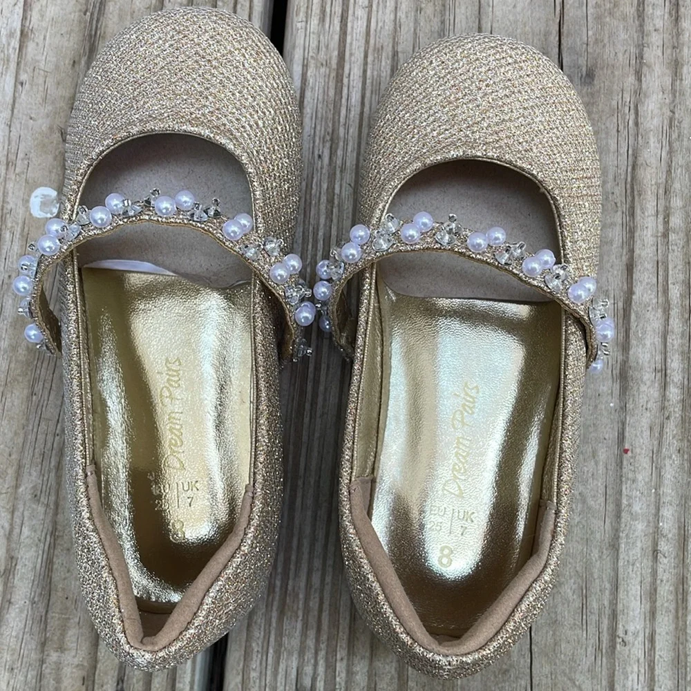 Dream Pairs Serena Girls Gold Glitter Pearl Mary Jane Dress Shoes Size 8